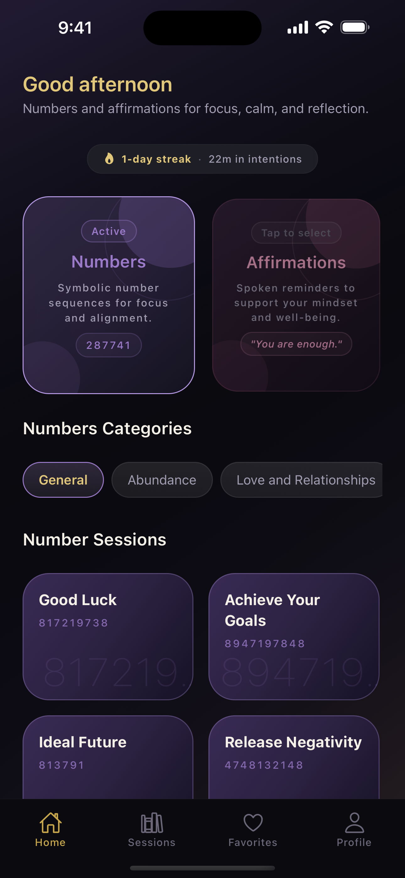 Intenda app home screen showing Numbers and Affirmations practices